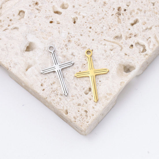 Image de Breloques en 304 Acier Inoxydable Respectueux de la Nature Religieux Croix Plaqué Or 18K 14mm x 22mm , 2 Pcs