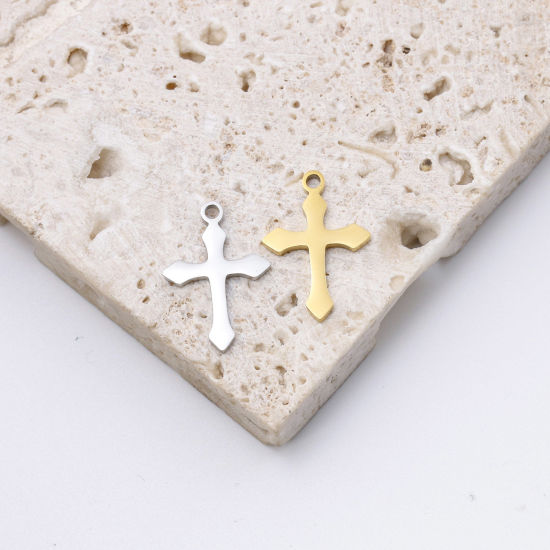 Image de Breloques en 304 Acier Inoxydable Respectueux de la Nature Religieux Croix Plaqué Or 18K 13mm x 19mm , 2 Pcs