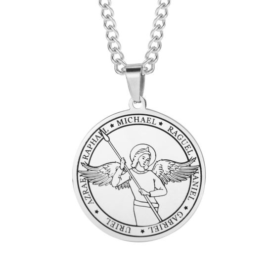 Imagen de Respetuoso del Medio Ambiente 304 Acero Inoxidable Religión Link Curb Chain Collares Tono de Plata Ronda Ángel 60cm longitud, 1 Unidad