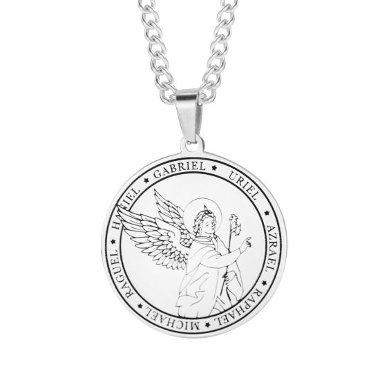 Imagen de Respetuoso del Medio Ambiente 304 Acero Inoxidable Religión Link Curb Chain Collares Tono de Plata Ronda Ángel 60cm longitud, 1 Unidad