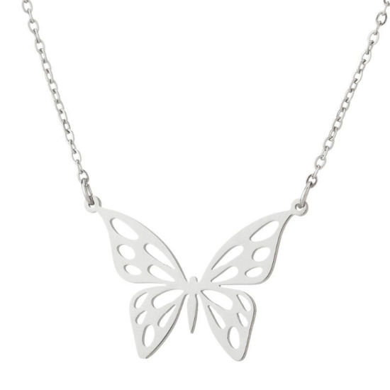 Image de Colliers Chaîne Maille Forçat en 304 Acier Inoxydable Insecte Argent Mat Papillon 45cm Long, 1 Pièce