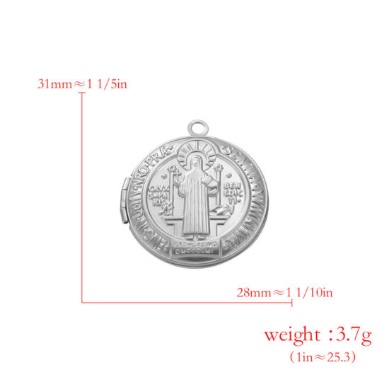 Picture of 304 Stainless Steel Picture Photo Frame Locket Pendants Silver Tone Round Jesus Can Open 31mm x 28mm, 2 PCs