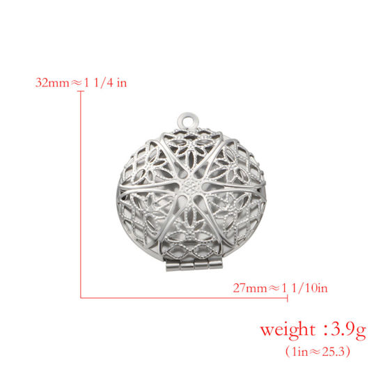 Picture of 304 Stainless Steel Picture Photo Frame Locket Pendants Silver Tone Round Filigree Can Open 32mm x 27mm, 2 PCs