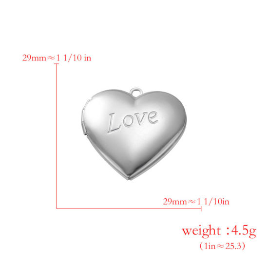 Picture of 304 Stainless Steel Picture Photo Frame Locket Charms Silver Tone Heart Message " LOVE " Can Open 29mm x 29mm, 2 PCs