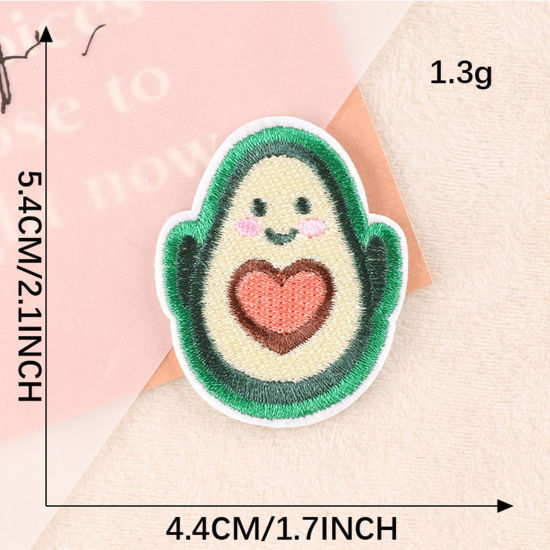Picture of Polyester Embroidery Iron On Patches Appliques (With Glue Back) DIY Sewing Craft Clothing Decoration Green Avocado Fruit 5.4cm x 4.4cm, 1 Piece
