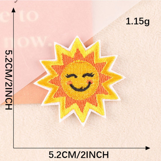 Picture of Polyester Embroidery Iron On Patches Appliques (With Glue Back) DIY Sewing Craft Clothing Decoration Yellow Sun 5.2cm x 5.2cm, 1 Piece