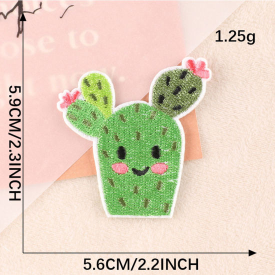 Picture of Polyester Embroidery Iron On Patches Appliques (With Glue Back) DIY Sewing Craft Clothing Decoration Green Cactus 5.9cm x 5.6cm, 1 Piece