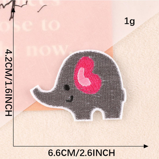 Picture of Polyester Embroidery Iron On Patches Appliques (With Glue Back) DIY Sewing Craft Clothing Decoration Dark Gray Elephant Animal 6.6cm x 4.2cm, 1 Piece