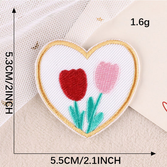 Immagine di Poliestere Ricamo Patch Autoadesive Appliques DIY Scrapbooking Craft Multicolore Fiore del Tulipano 5.5cm x 5.3cm, 1 Pz