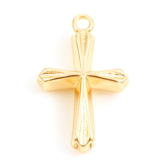 Picture of Brass Religious Charms 18K Real Gold Plated Cross 19mm x 12mm, 2 PCs