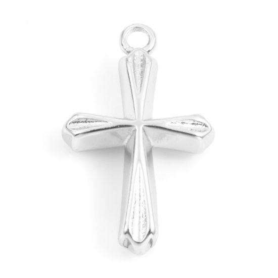 Picture of Brass Religious Charms Real Platinum Plated Cross 19mm x 12mm, 2 PCs