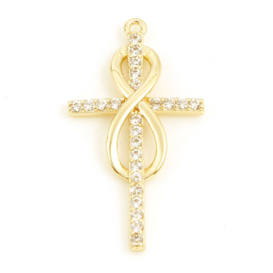 Picture of Brass Religious Charms 18K Real Gold Plated Cross Infinity Symbol Micro Pave Clear Cubic Zirconia 28mm x 15mm, 1 Piece