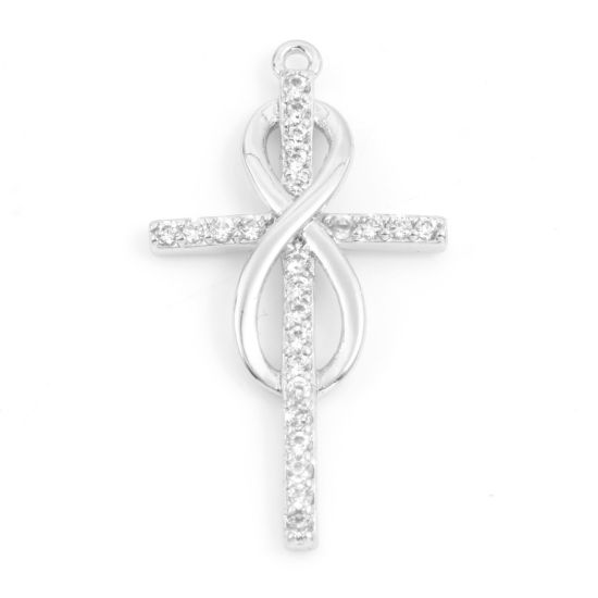 Picture of Brass Religious Charms Real Platinum Plated Cross Infinity Symbol Micro Pave Clear Cubic Zirconia 28mm x 15mm, 1 Piece