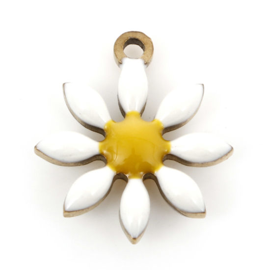 Bild von 5 Stück Vakuumbeschichtung 304 Edelstahl Flora Kollektion Charms Vergoldet Weiß Blumen Doppelseitige Emaille 15mm x 13mm