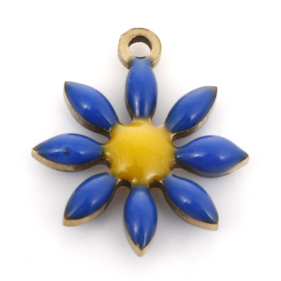 Bild von 5 Stück Vakuumbeschichtung 304 Edelstahl Flora Kollektion Charms Vergoldet Saphirblau Blumen Doppelseitige Emaille 15mm x 13mm