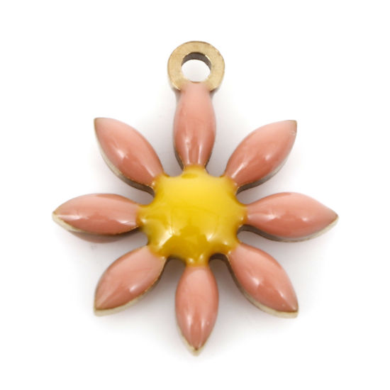 Bild von 5 Stück Vakuumbeschichtung 304 Edelstahl Flora Kollektion Charms Vergoldet Orange Rosa Blumen Doppelseitige Emaille 15mm x 13mm