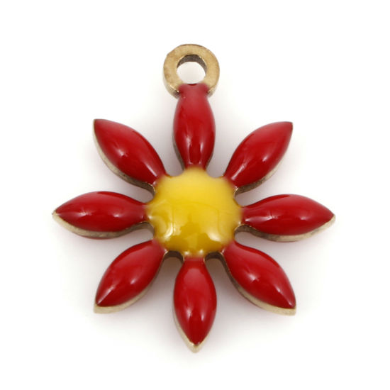 Bild von 5 Stück Vakuumbeschichtung 304 Edelstahl Flora Kollektion Charms Vergoldet Rot Blumen Doppelseitige Emaille 15mm x 13mm