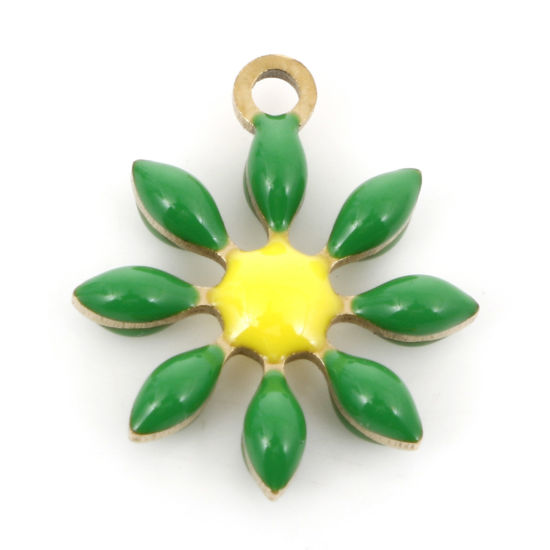 Bild von 5 Stück Vakuumbeschichtung 304 Edelstahl Flora Kollektion Charms Vergoldet Grün Blumen Doppelseitige Emaille 15mm x 13mm