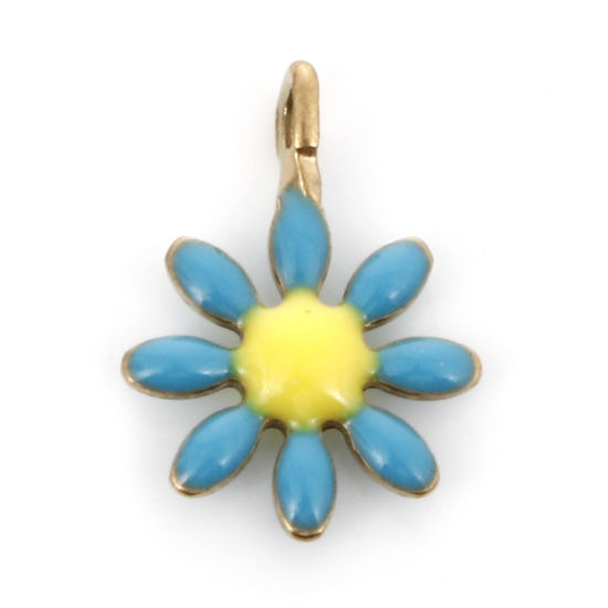 Imagen de 10 Unidades Enchapado al Vacío 304 Acero Inoxidable Colección Flora Colgantes Chapado en Oro Verde Azul Flor Esmalte de Doble Cara 10mm x 7mm