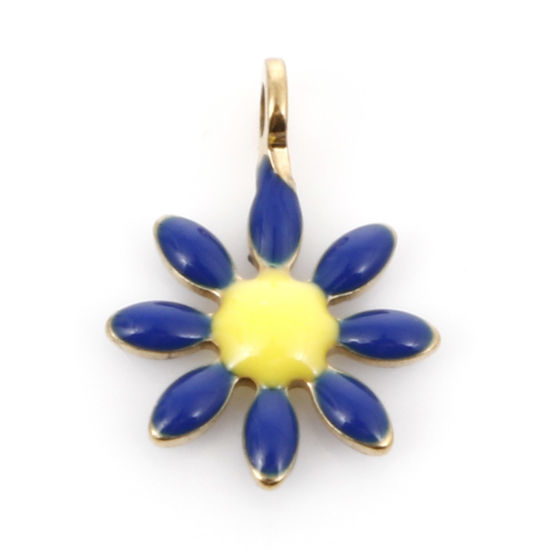 Imagen de 10 Unidades Enchapado al Vacío 304 Acero Inoxidable Colección Flora Colgantes Chapado en Oro Azul Oscuro Flor Esmalte de Doble Cara 10mm x 7mm