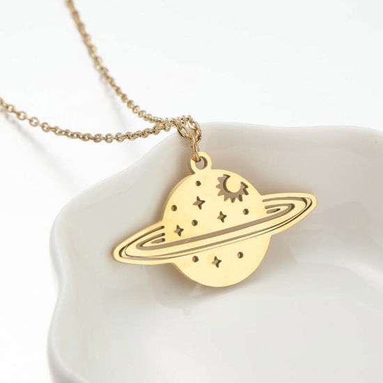 Bild von 304 Edelstahl Stilvoll Gliederkette Kette Halskette 18K Gold plattiert Saturn 45cm lang, 1 Strang