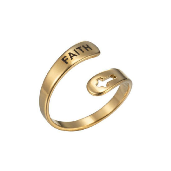 Picture of 304 Stainless Steel Positive Quotes Energy Open Adjustable Rings Gold Plated Cross Message " FAITH " 17mm(US Size 6.5), 1 Piece