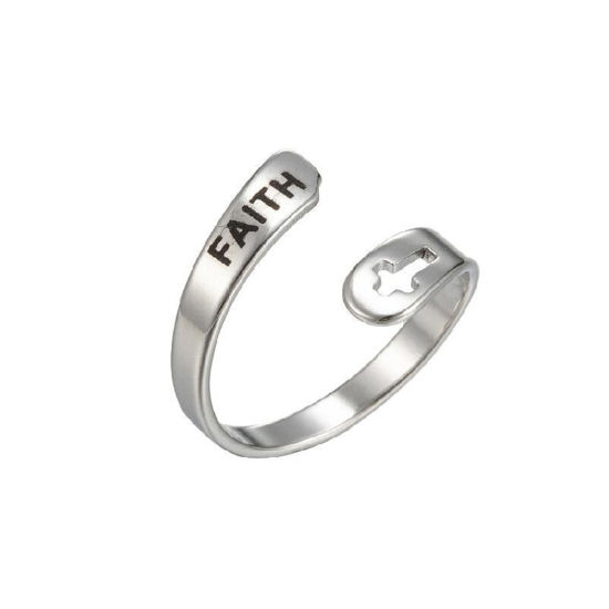 Picture of 304 Stainless Steel Positive Quotes Energy Open Adjustable Rings Silver Tone Cross Message " FAITH " 17mm(US Size 6.5), 1 Piece