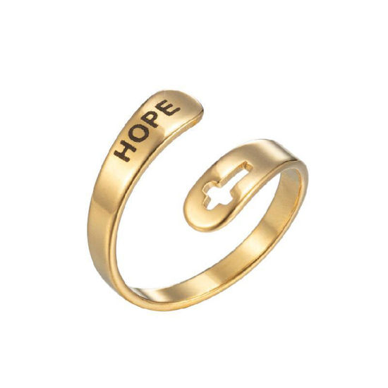 Picture of 304 Stainless Steel Positive Quotes Energy Open Adjustable Rings Gold Plated Cross Message " Hope " 17mm(US Size 6.5), 1 Piece