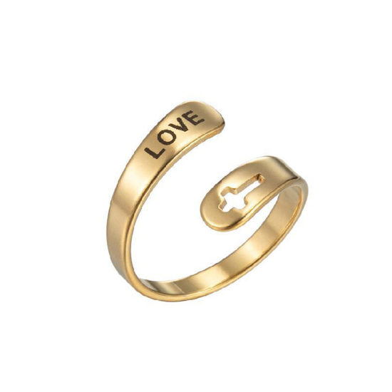 Picture of 304 Stainless Steel Positive Quotes Energy Open Adjustable Rings Gold Plated Cross Message " LOVE " 17mm(US Size 6.5), 1 Piece