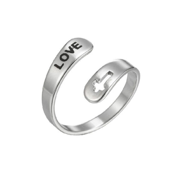 Picture of 304 Stainless Steel Positive Quotes Energy Open Adjustable Rings Silver Tone Cross Message " LOVE " 17mm(US Size 6.5), 1 Piece