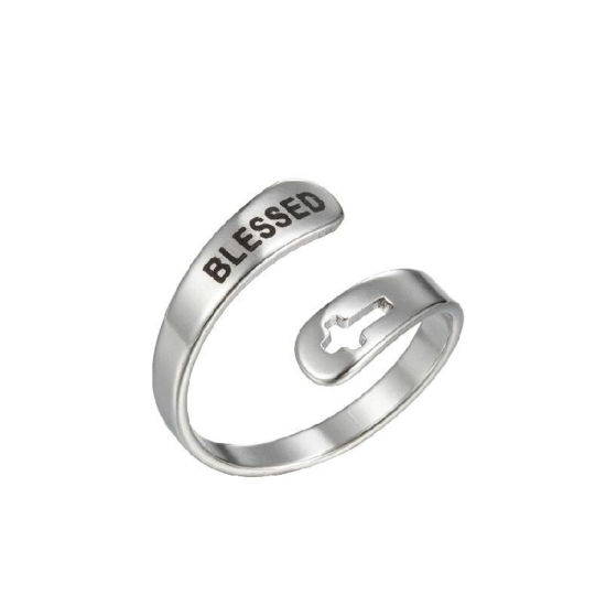 Picture of 304 Stainless Steel Positive Quotes Energy Open Adjustable Rings Silver Tone Cross Message " Blessed " 17mm(US Size 6.5), 1 Piece