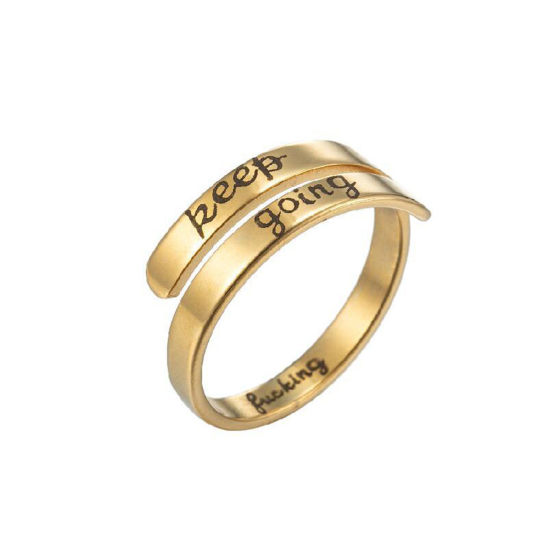 Picture of 304 Stainless Steel Positive Quotes Energy Open Adjustable Rings Gold Plated Message " keep going " 17mm(US Size 6.5), 1 Piece