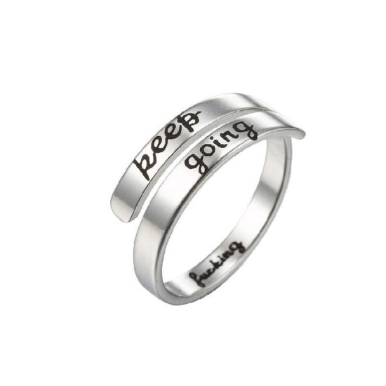 Picture of 304 Stainless Steel Positive Quotes Energy Open Adjustable Rings Silver Tone Message " keep going " 17mm(US Size 6.5), 1 Piece