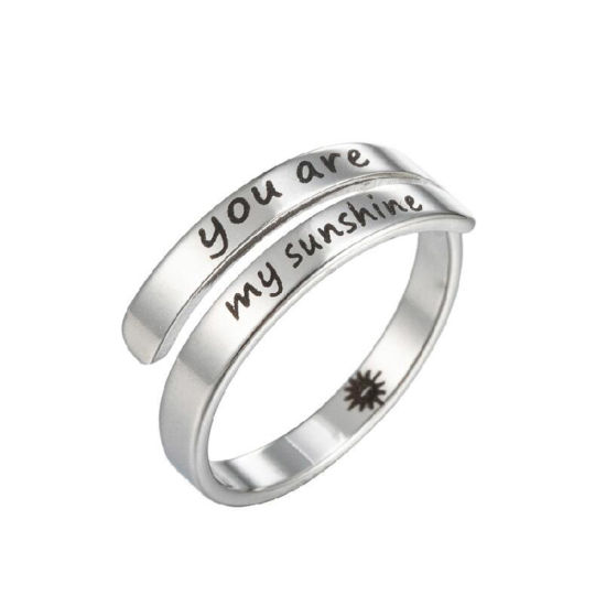 Picture of 304 Stainless Steel Positive Quotes Energy Open Adjustable Rings Silver Tone Message " You Are My Sunshine My Only Sunshine " 17mm(US Size 6.5), 1 Piece