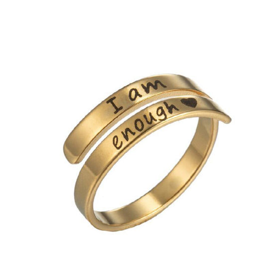 Picture of 304 Stainless Steel Positive Quotes Energy Open Adjustable Rings Gold Plated Message " I am enough " 17mm(US Size 6.5), 1 Piece