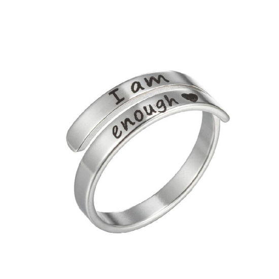 Picture of 304 Stainless Steel Positive Quotes Energy Open Adjustable Rings Silver Tone Message " I am enough " 17mm(US Size 6.5), 1 Piece