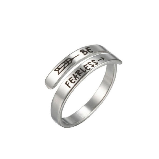 Picture of 304 Stainless Steel Positive Quotes Energy Open Adjustable Rings Silver Tone Message " BE FEARLESS " 17mm(US Size 6.5), 1 Piece