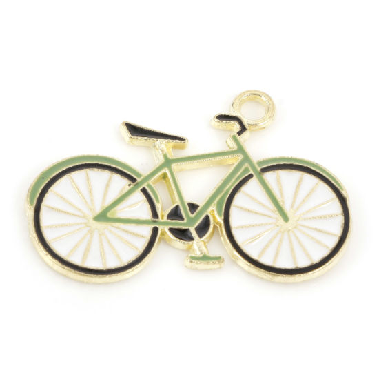 Imagen de Zamak Viajar Colgantes Charms Bicicleta Oro Claro Verde Esmalte 28mm x 19mm, 5 Unidades