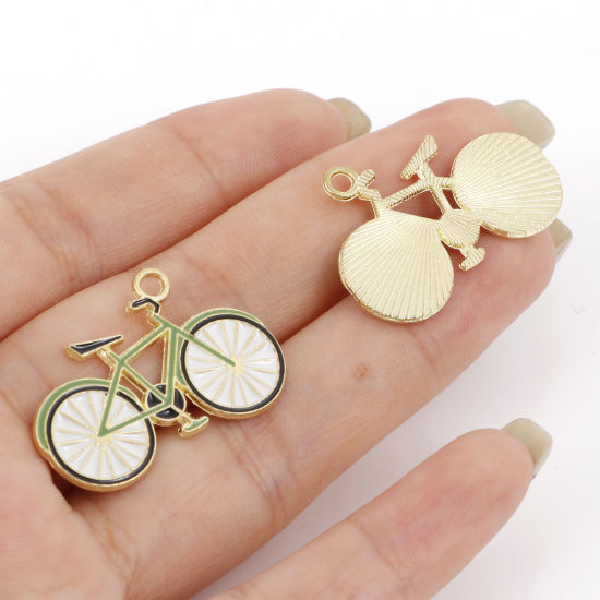 Imagen de Zamak Viajar Colgantes Charms Bicicleta Oro Claro Verde Esmalte 28mm x 19mm, 5 Unidades