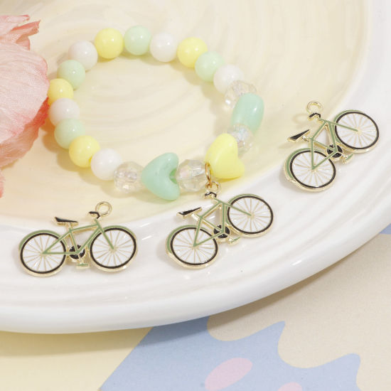 Imagen de Zamak Viajar Colgantes Charms Bicicleta Oro Claro Verde Esmalte 28mm x 19mm, 5 Unidades