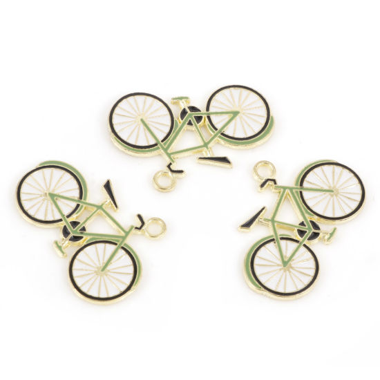 Imagen de Zamak Viajar Colgantes Charms Bicicleta Oro Claro Verde Esmalte 28mm x 19mm, 5 Unidades