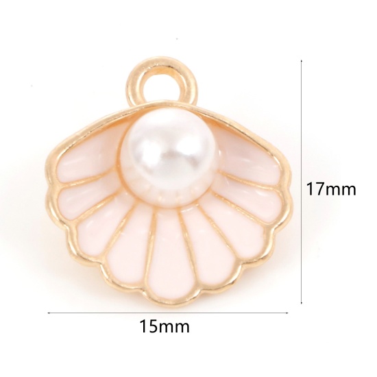 Picture of Zinc Based Alloy Enamel Charms Gold Plated Light Pink Shell Imitation Pearl 17mm x 15mm, 10 PCs