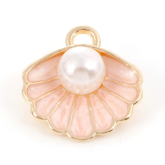 Picture of Zinc Based Alloy Enamel Charms Gold Plated Orange Pink Shell Imitation Pearl 17mm x 15mm, 10 PCs