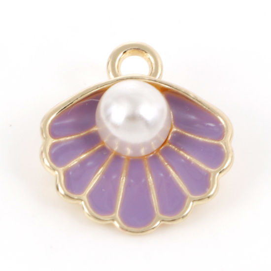 Picture of Zinc Based Alloy Enamel Charms Gold Plated Purple Shell Imitation Pearl 17mm x 15mm, 10 PCs