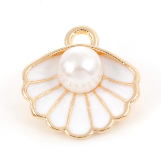 Picture of Zinc Based Alloy Enamel Charms Gold Plated White Shell Imitation Pearl 17mm x 15mm, 10 PCs