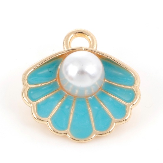 Picture of Zinc Based Alloy Enamel Charms Gold Plated Green Blue Shell Imitation Pearl 17mm x 15mm, 10 PCs
