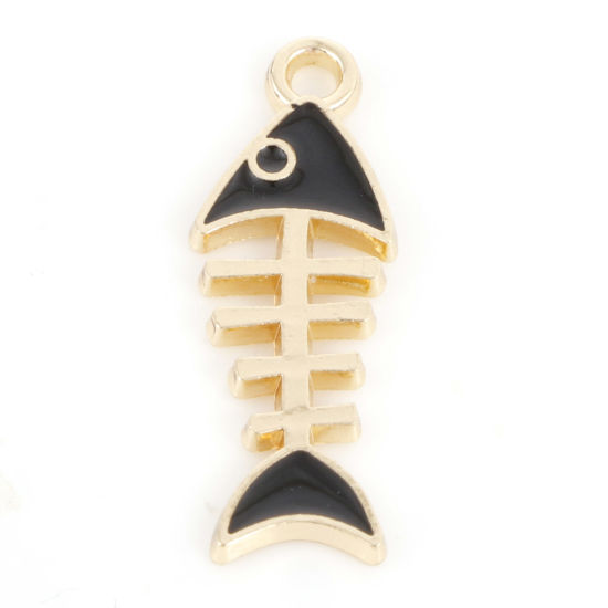 Picture of Zinc Based Alloy Ocean Jewelry Charms Gold Plated Black Fish Bone Enamel 24mm x 8.5mm, 10 PCs