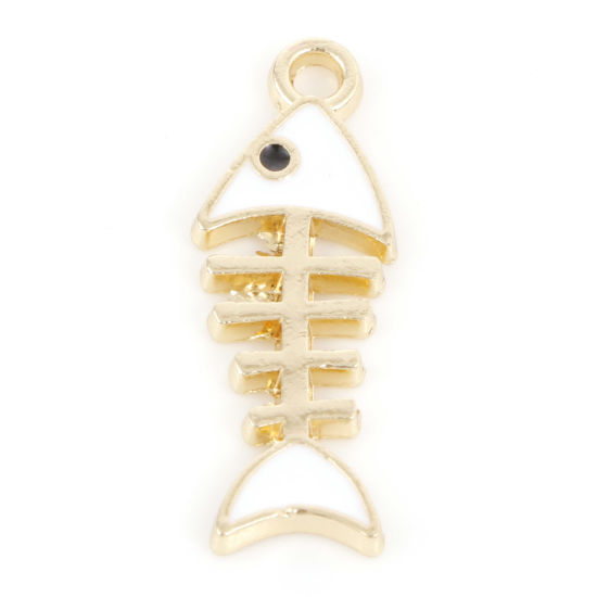 Picture of Zinc Based Alloy Ocean Jewelry Charms Gold Plated White Fish Bone Enamel 24mm x 8.5mm, 10 PCs