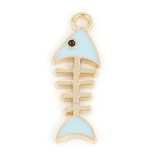 Picture of Zinc Based Alloy Ocean Jewelry Charms Gold Plated Blue Fish Bone Enamel 24mm x 8.5mm, 10 PCs