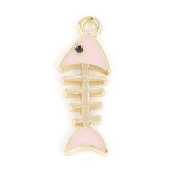 Picture of Zinc Based Alloy Ocean Jewelry Charms Gold Plated Pink Fish Bone Enamel 24mm x 8.5mm, 10 PCs